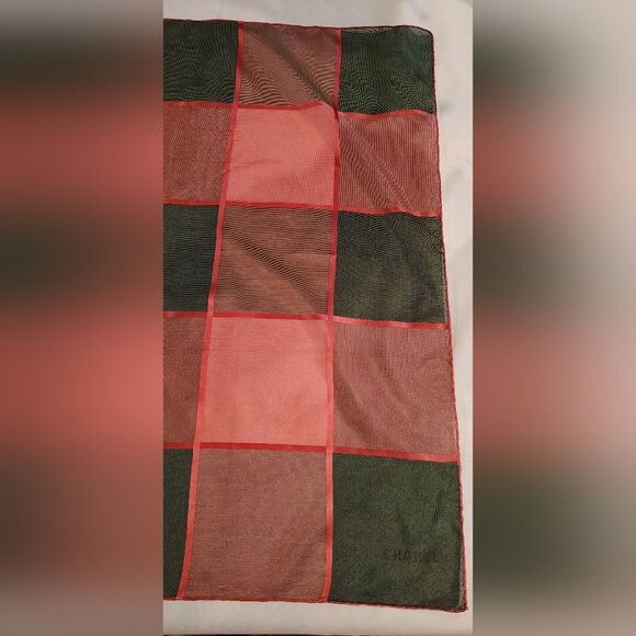 Vintage Checkered Square Scarf Pink & Grey Ribbon Rolled Hem - Picture 4 of 11